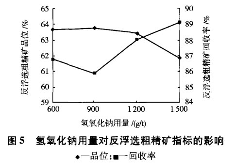 氫氧化鈉用（yòng）量對反浮選粗精礦指標的影響